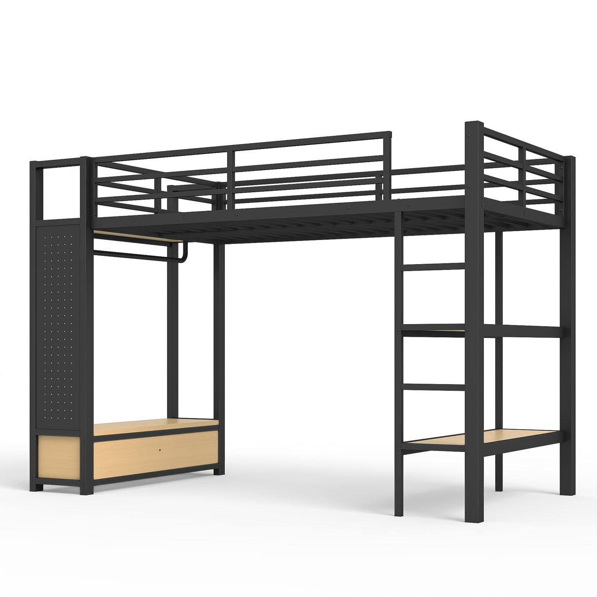 Twin XL Size Loft Bed Frame with Wardrobe and Shelves