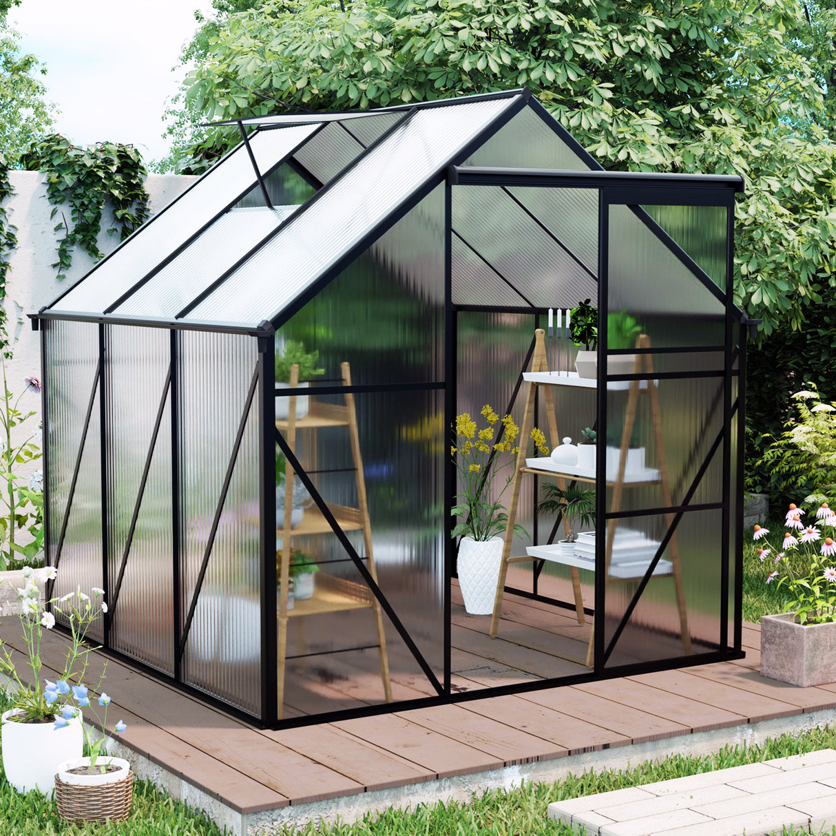 6x6ft Square Walk-In Greenhouse with Adjustable Roof and Galvanized Base