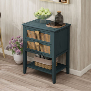 2 Drawer Side Table, Natural Rattan