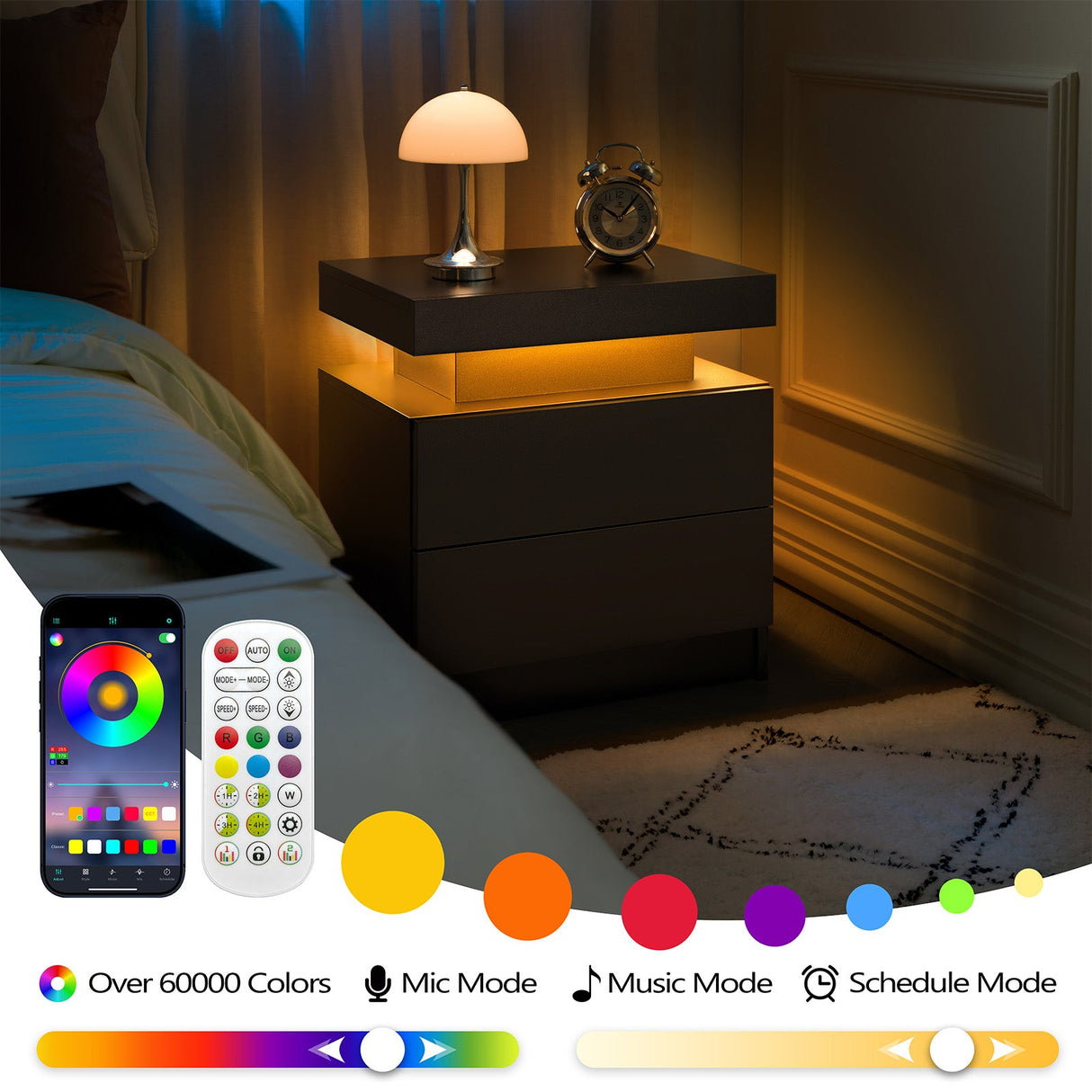 Modern LED Nightstand Bedside Table with 2 Drawers