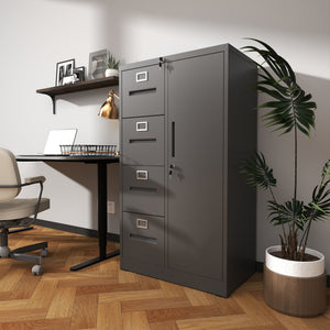 Metal Storage Vertical Filing Cabinet With Lock, 4 Drawers, 1 Door, Steel Construction, School / Office Use