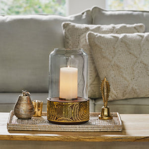 Boho Handcrafted Mango Wood Hurricane Candle Holder with Tempered Glass and Metal Accents