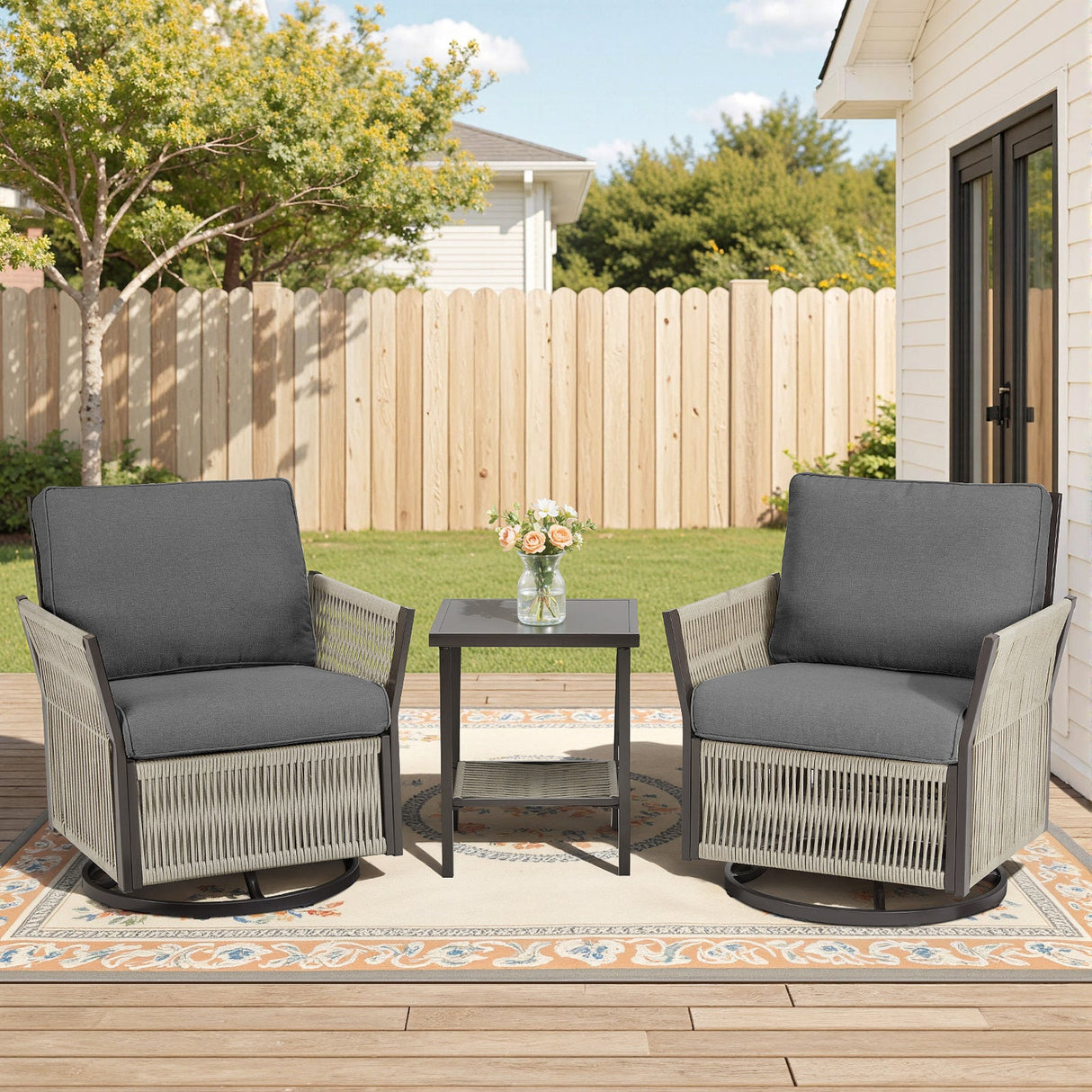 Swivel Outdoor Chairs Set of 2 with Side Table, 3 Pieces Wicker Furniture Set