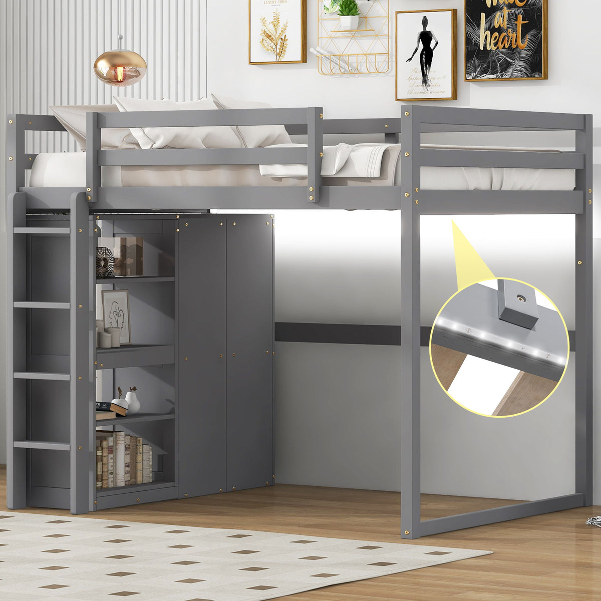 Loft Bed With Built In Wardrobe, Storage Shelves, And LED Light