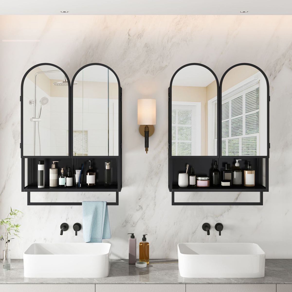Double Arched Mirror Wall Cabinet With 2 Doors, Featuring Adjustable Shelves And Towel Rack