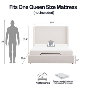 Caron Upholstered Wingback Bed with Adjustable Base Bundle Set, Queen Size