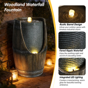 Wooden Barrel Style Outdoor Water Fountain with Lights Resin Rustic Garden Waterfall Decor for Patio Porch Yard