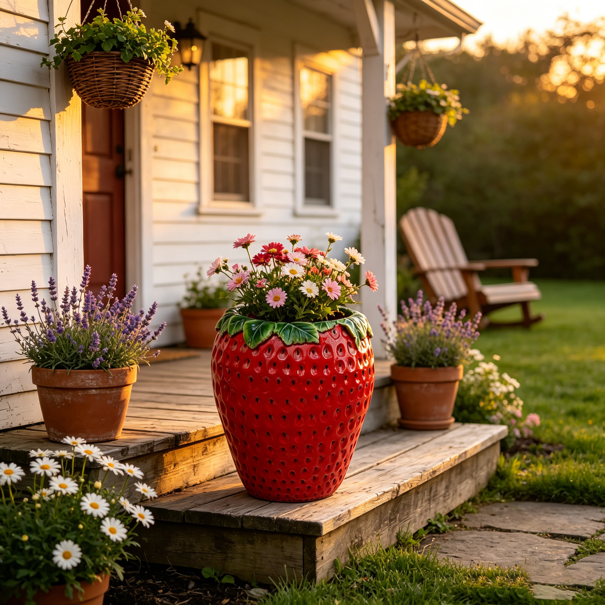 15'' tall Strawberry Shaped Planter Pot, Cute Fruit Decorative Flower Vase, Weather Resistant Outdoor Garden Planter for Patio Porch Yard Lawn Entryway Home Tabletop Decor