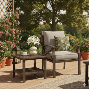 Square 2 Tier All-Weather Outdoor Side Table With Slatted Top