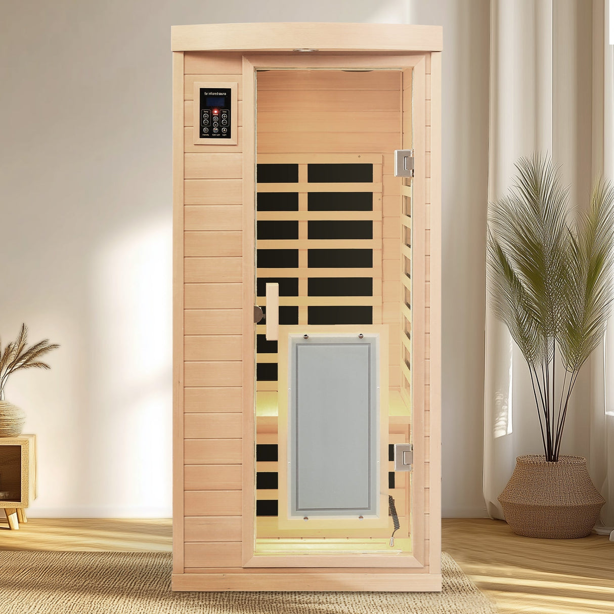 Low EMF, There is also a heating plate on the glass door, Hemlock wood Far-infrared indoor One person sauna room