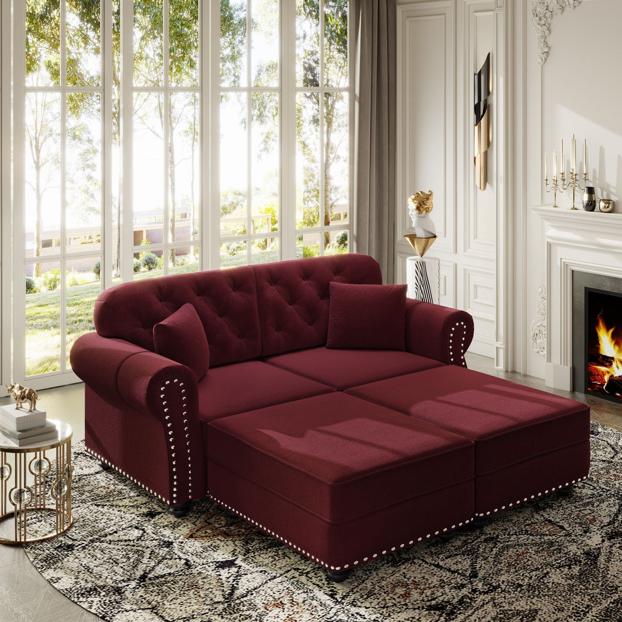 Upholstered Sofa Set With Nailhead Trim and Rolled Armrests, Includes Pillows