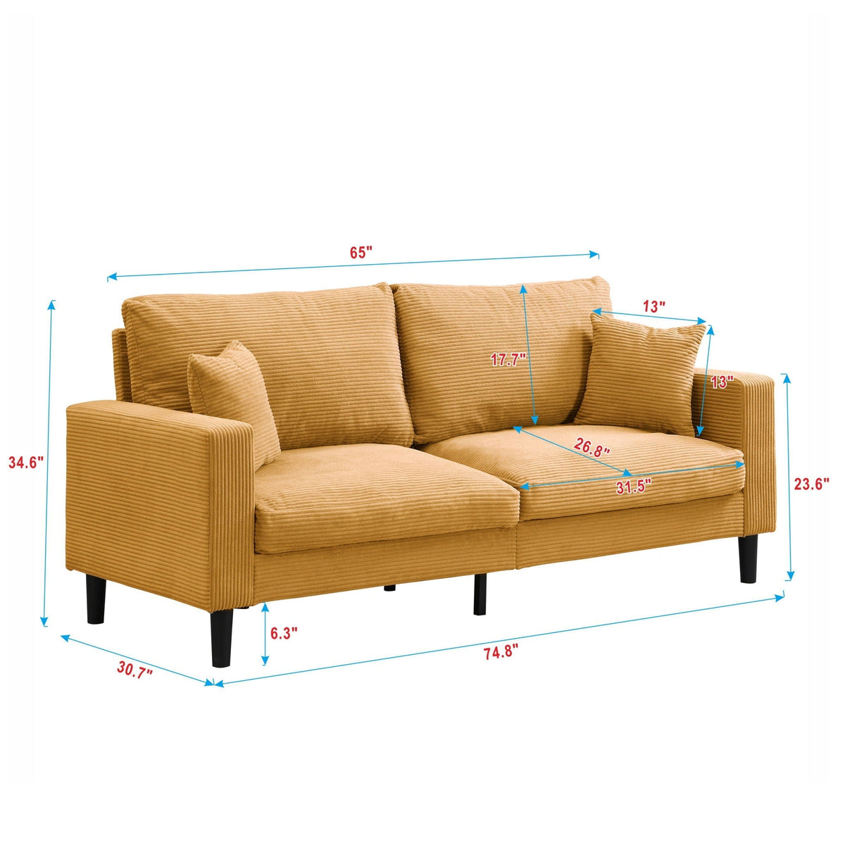 Modern Upholstered 3 Seat Sofa, High Resilience