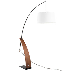 Robyn Mid-Century Modern Floor Lamp in Walnut Wood and Black Metal with White Linen Shade