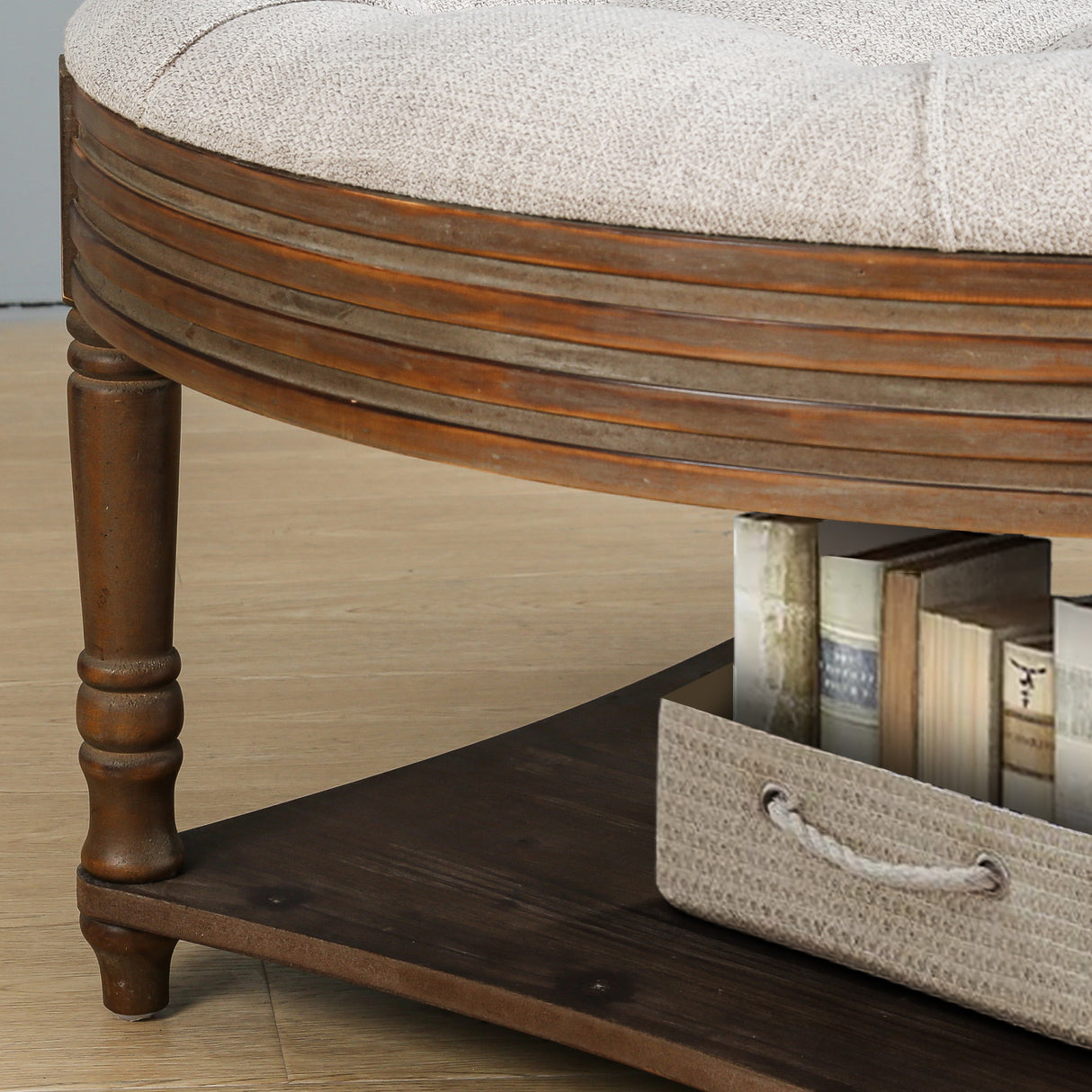 Large round waterproof ottoman coffee table 2 tier oversized button tufted ottoman(light gray)