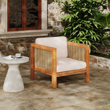 Outdoor Club Chair with Rope Arm and Cushions - Beige / Teak