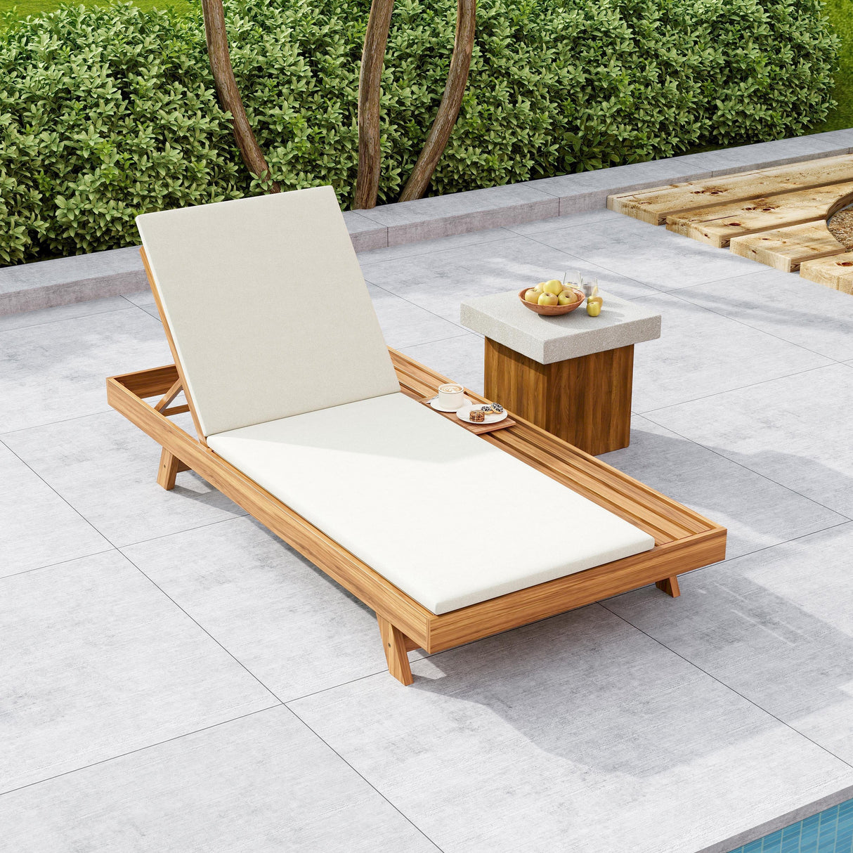 Lounge Chaise Set, Acacia Wood with Water-Resistant Cushions