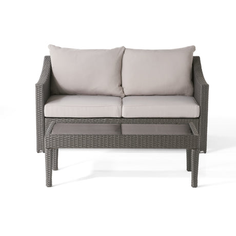 2-Piece Outdoor Wicker Loveseat & Table Set with Water-Resistant Cushions – Grey
