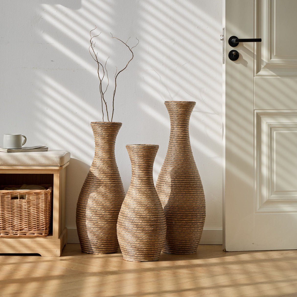 3 Piece Artificial Rattan Floor Vase Set Decorative Accent For Living Room, Hallway & Entryway, Ideal For Dried Or Silk Flower Arrangements - Beige