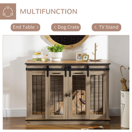 Dog Crate End Table for Small to Large Dogs, with Double Doors  and divider, 47"W x 23.5"D x 35"H, Oak