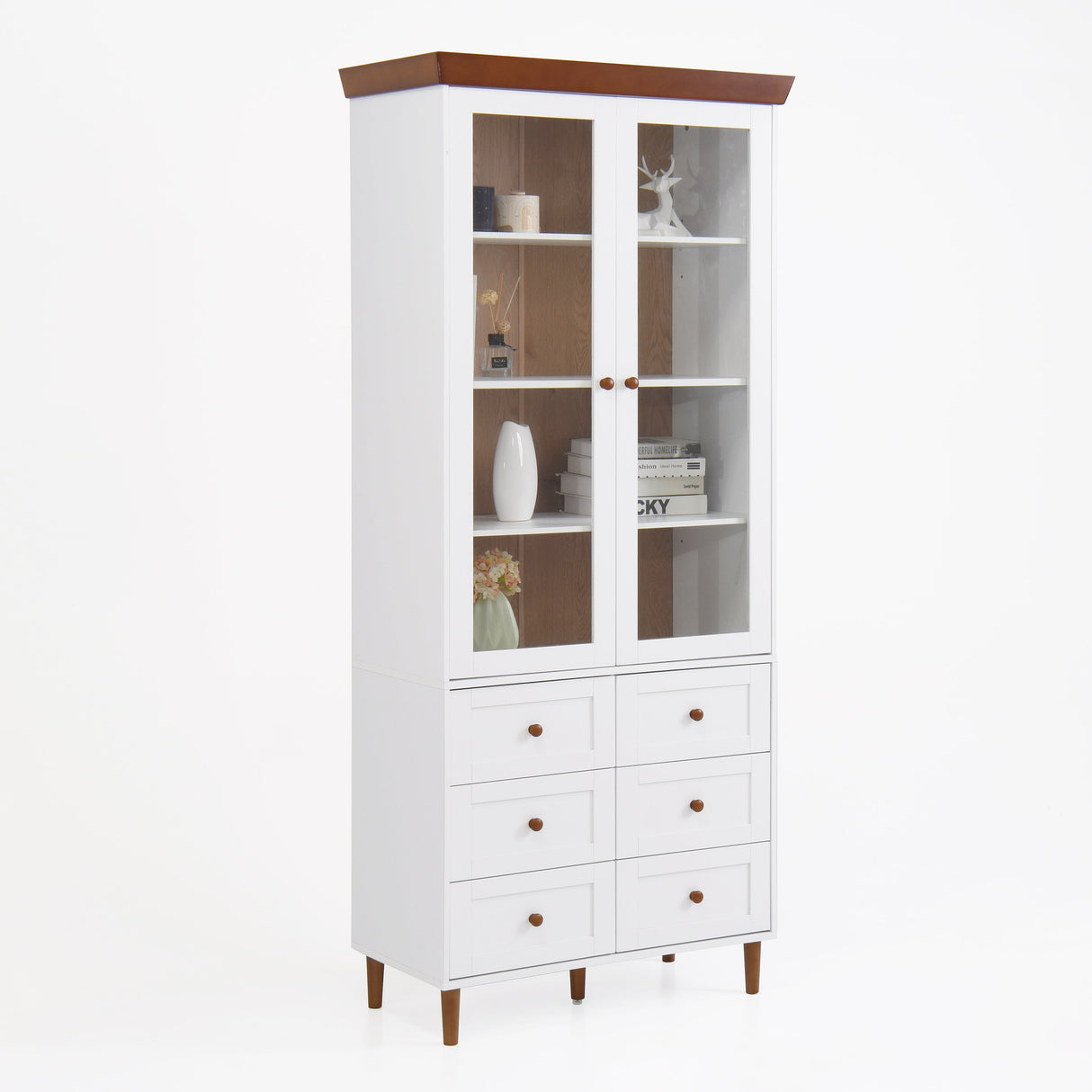 White MDF Display Storage Cabinet with Glass Doors and Adjustable Shelves