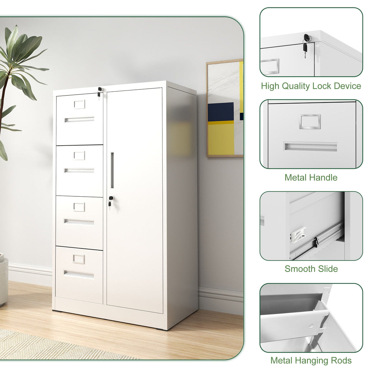 Metal Storage Vertical Filing Cabinet With Lock, 4 Drawers, 1 Door, Steel Construction, School / Office Use