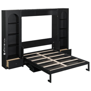 French Style Murphy Platform Bed With Shelf, Side Cabinets, Drawers And LED
