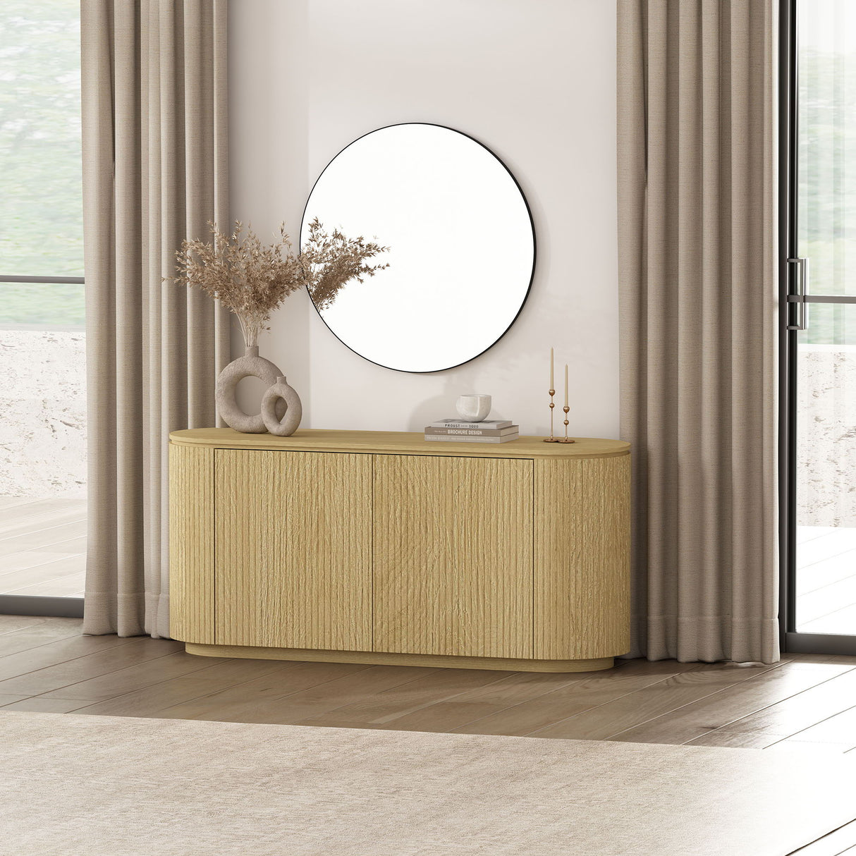Olivia - Sideboard With 4 Adjustable Shelves With Handle Free Doors And Rounded Edges - Oak