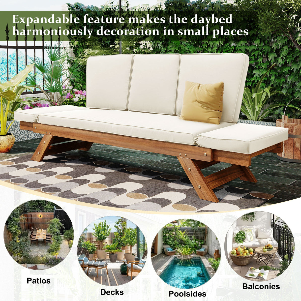 Topmax Outdoor Adjustable Patio Wooden Daybed Sofa Chaise Lounge with Cushions