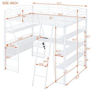 Loft Bed With 4 Layers Of Shelves And L-Shaped Desk, Stylish Metal Frame Bed With A Set Of Sockets, USB Ports And And Wireless Charging