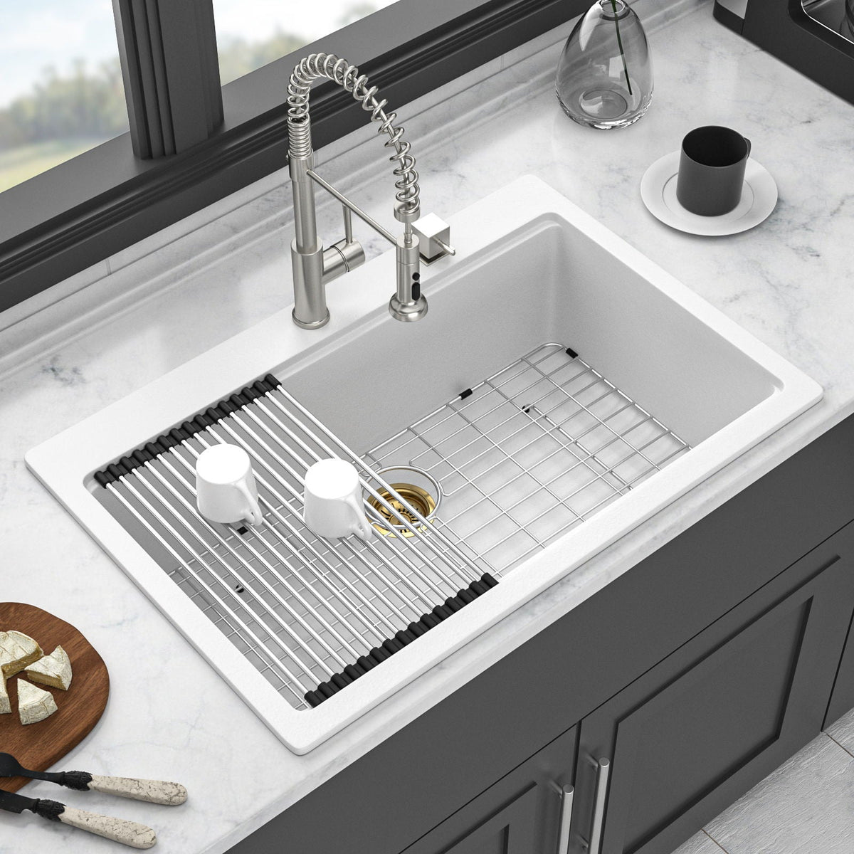Granite Composite Quartz Kitchen Sink With Workstation Features And Drop In Design