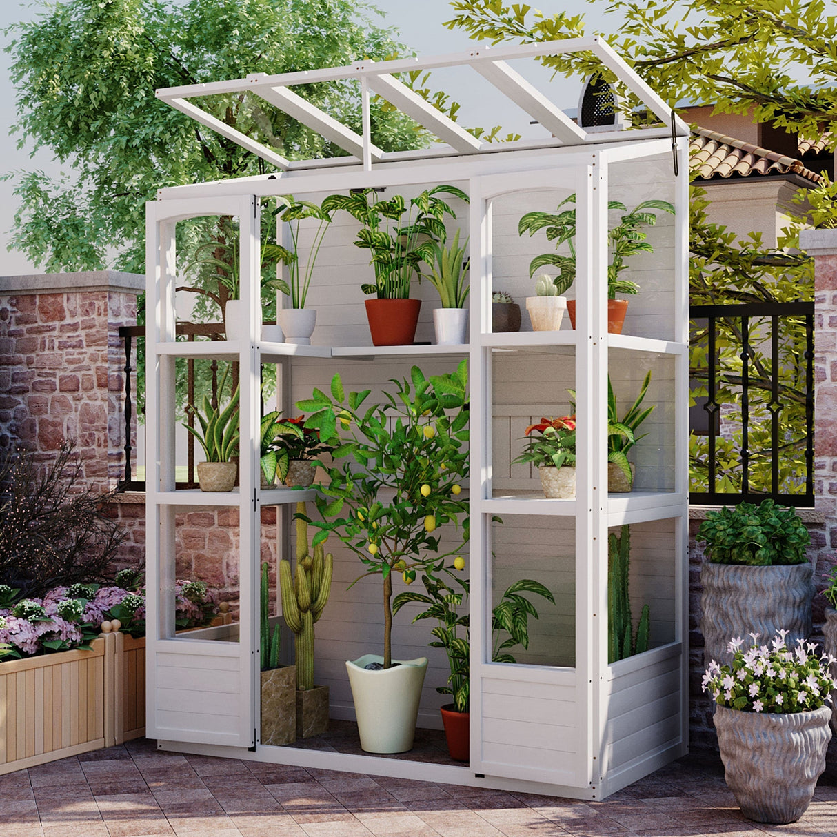 TOPMAX 78-inch Wooden Walk-in Greenhouse with 4 Skylights and Folding Shelves