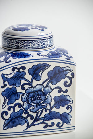 5x5x8' Hand Painted Square Canister with Blue and White Floral Pattern
