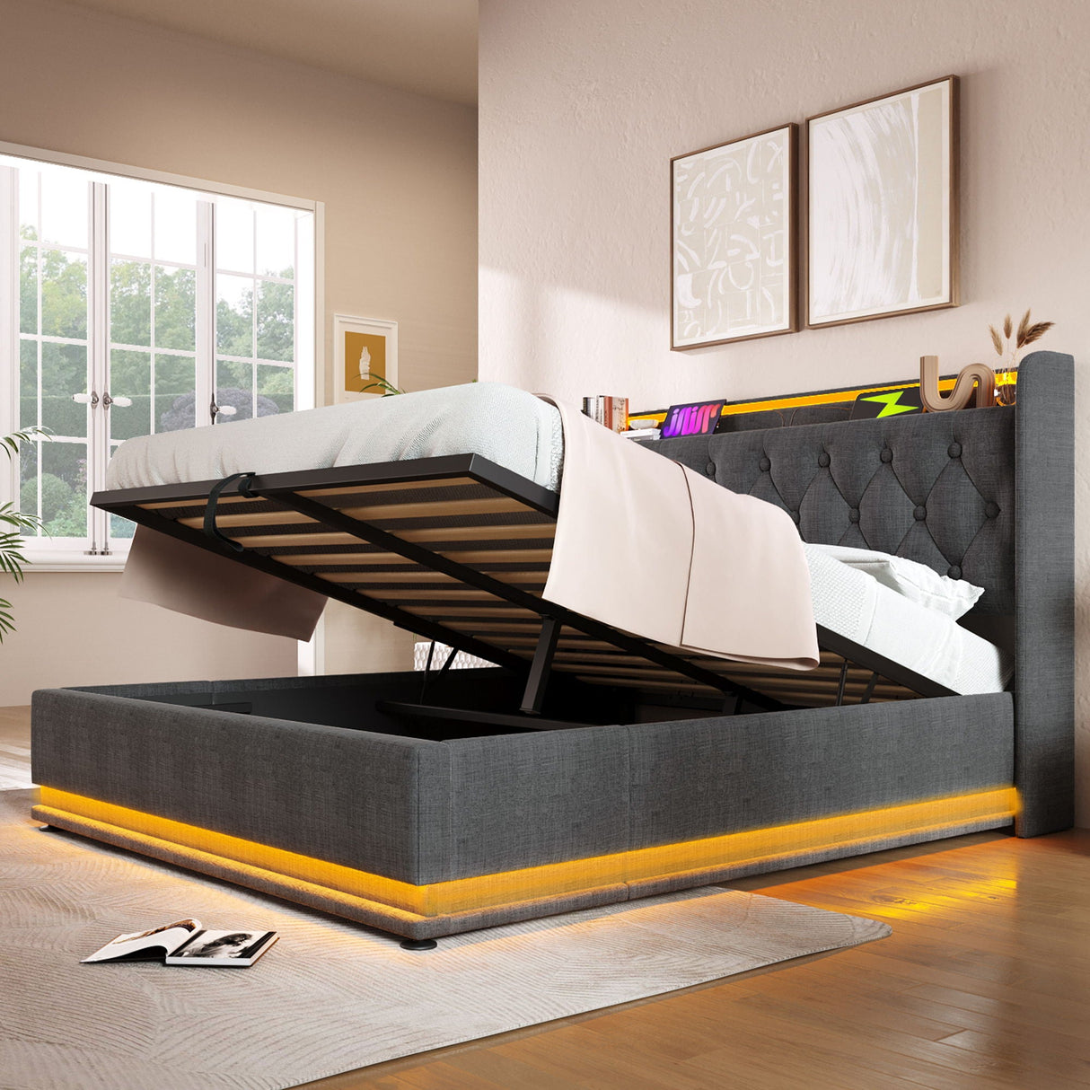 Upholstered Bed, 360 Surround LED Function, Remote Control, Hydraulic Storage Bed With USB, Type-C Charging (Without Mattress)