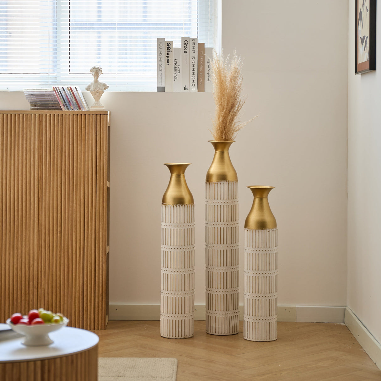 Floor Metal Vases Set of 3 - White with Gold Accents