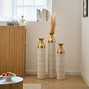 Floor Metal Vases Set of 3 - White with Gold Accents
