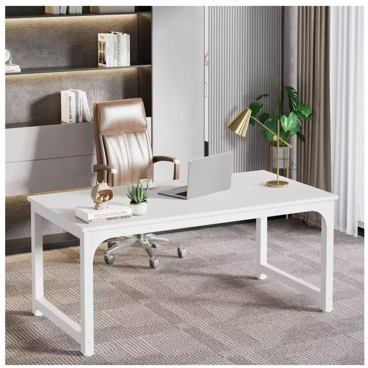 Executive Desk, Large Office Computer Workstation With Thick Frame - White