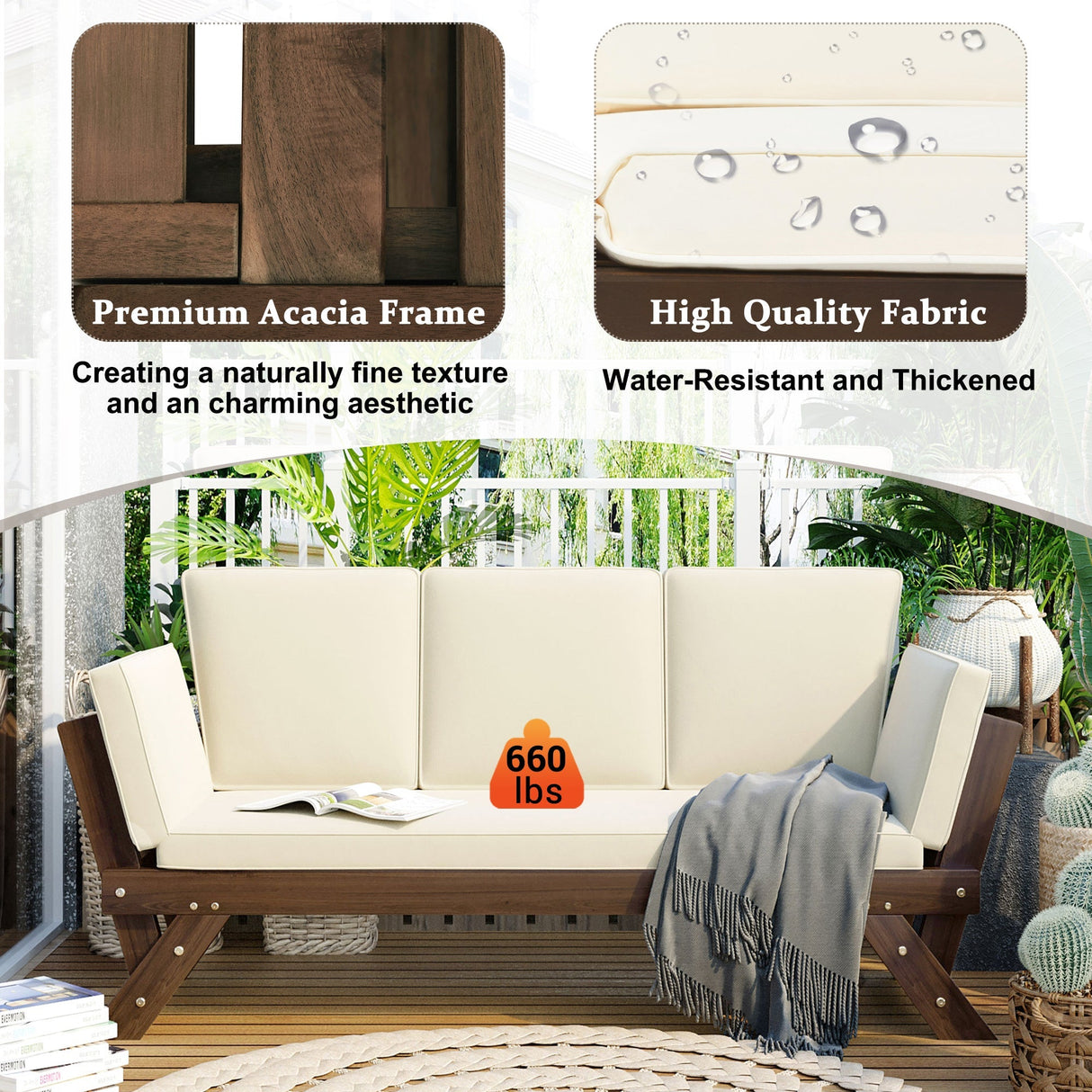 TOPMAX Outdoor Adjustable Patio Wooden Daybed Sofa Chaise Lounge