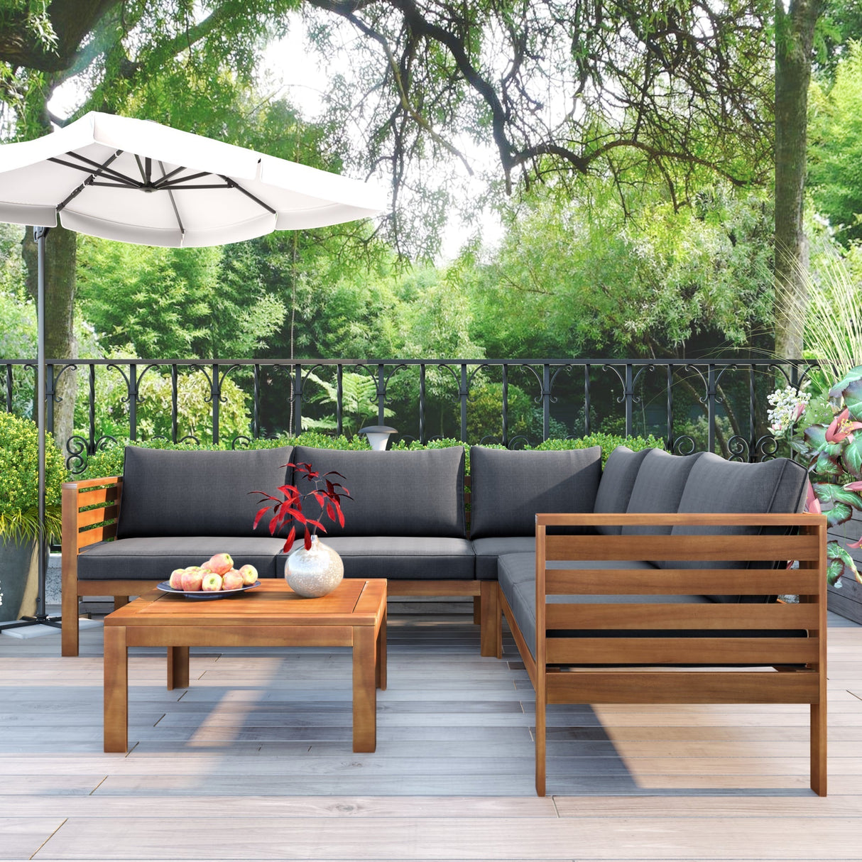 GO Wood Structure Outdoor Sofa Set with Gray Cushions