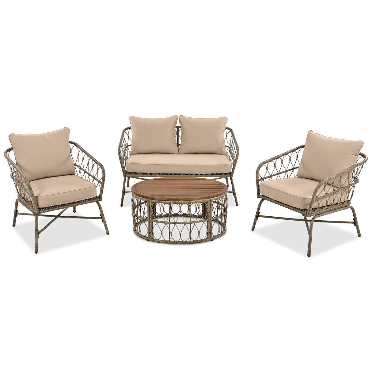 4 Piece Bohemian Wicker Chat Set With Acacia Wood Table
