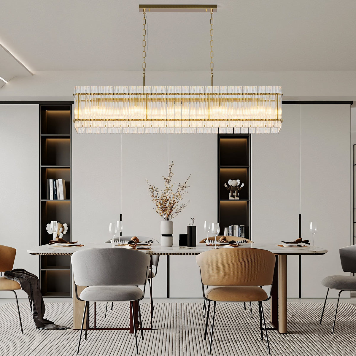 Modern Rectangular Crystal Glass Chandelier, 10-Lights Glod Chandelier Lighting Contemporary Pendant Ceiling Light Fixture for Dining Room Living Room Kitchen Island