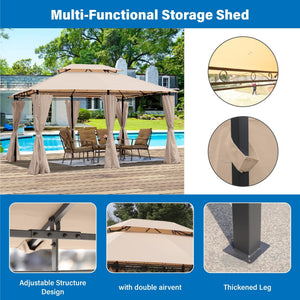 Khaki Outdoor Patio Gazebo Canopy Tent with Ventilated Double Roof and Mosquito Net, 13x10 Ft