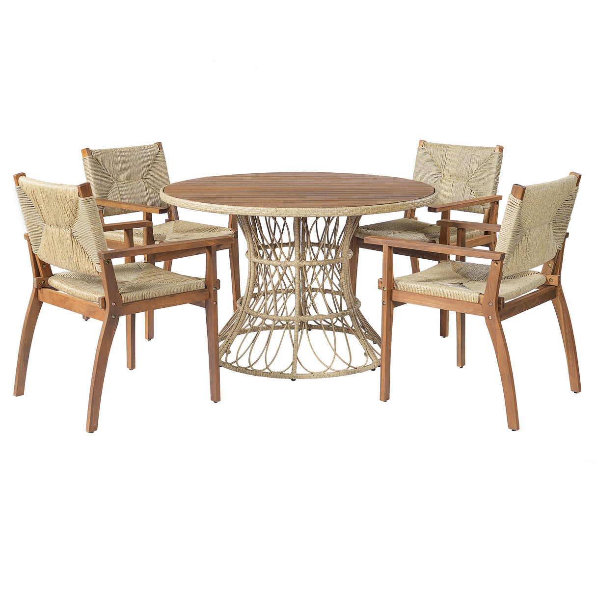 5-Piece Outdoor Dining Set: Teak Finish Round Acacia Wood Table & 4 Teak Finish Wicker Armchairs