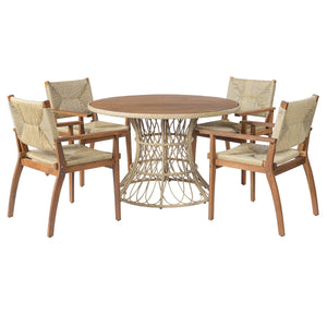 5-Piece Outdoor Dining Set: Teak Finish Round Acacia Wood Table & 4 Teak Finish Wicker Armchairs