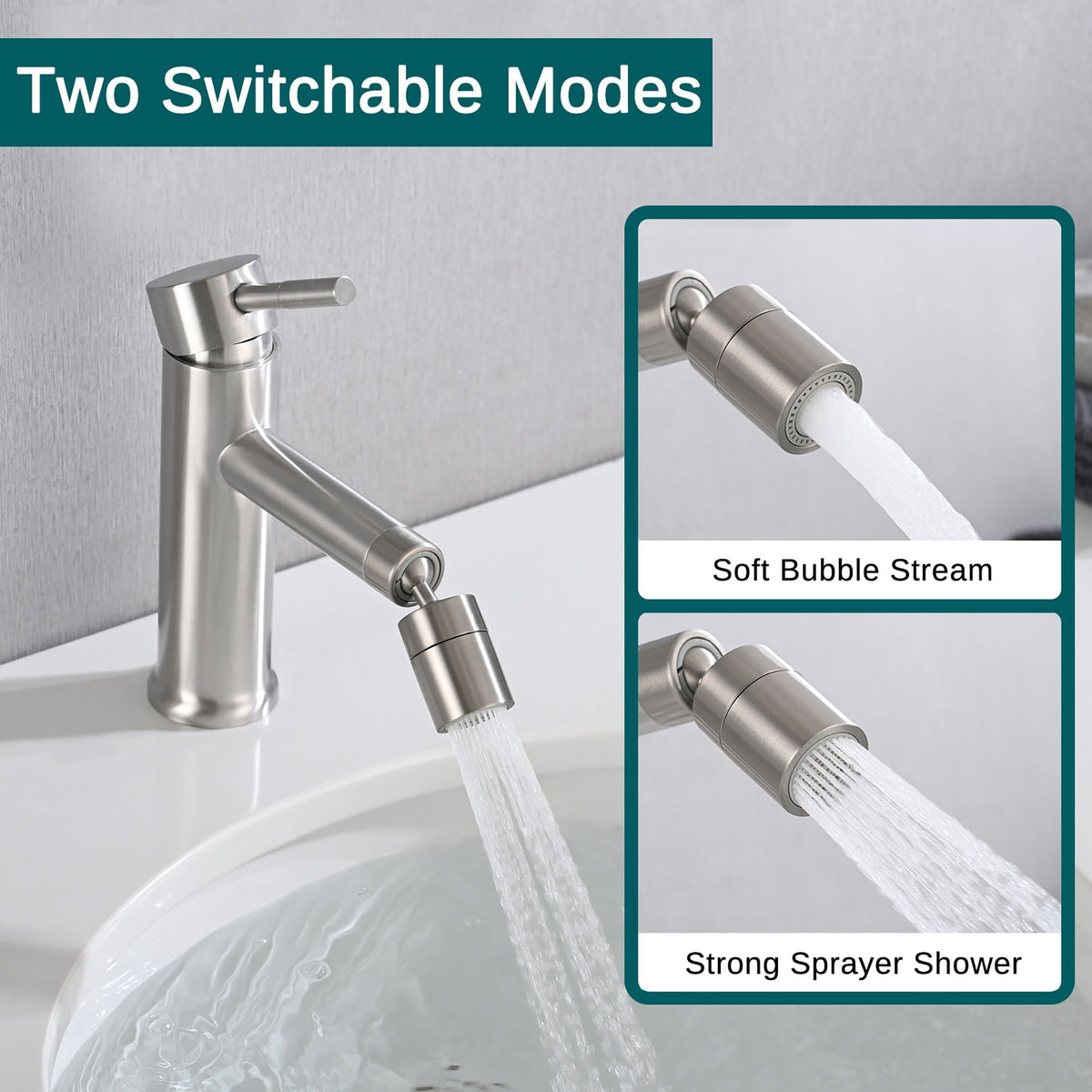 2 Mode Bathroom Faucet With 360 Degree Rotating Aerator For Sink
