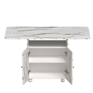 Versatile Marble Folding Dining Table With Storage Rack And Cabinet, 6 Wheels - White