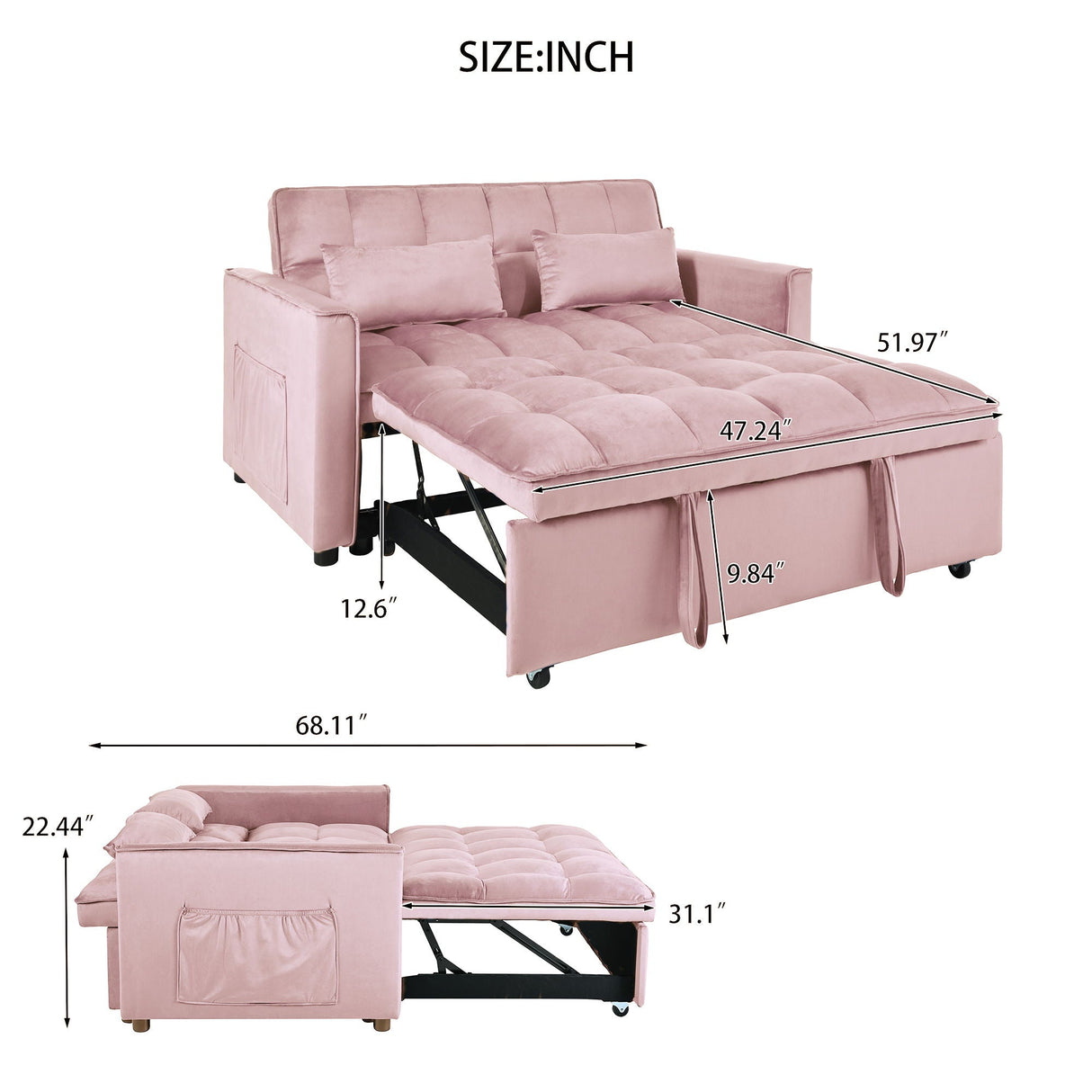 3 In 1 Pull Out Couch Convertible Sofa Bed With Reclining Backrest