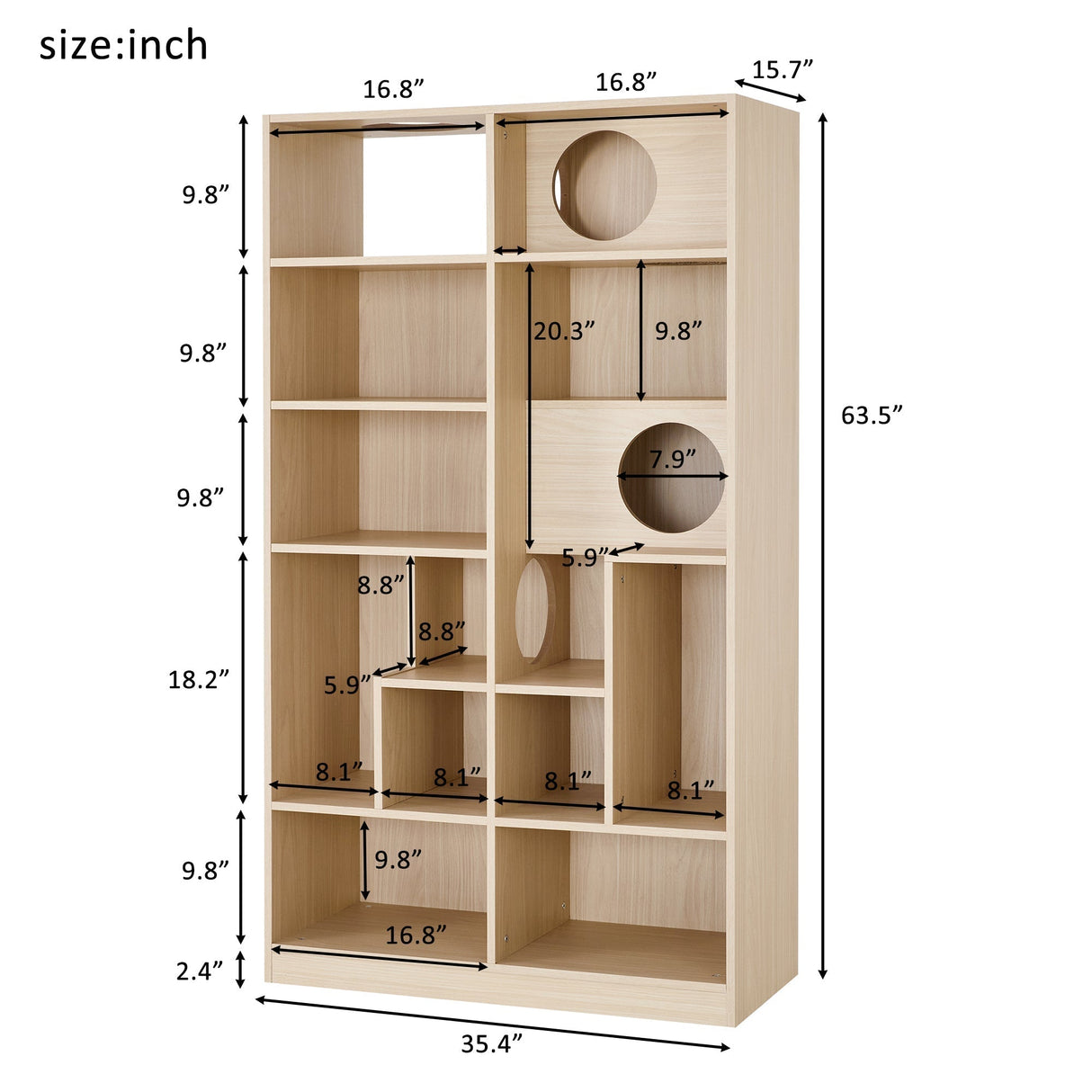 Furniture Style Cat Bookcase Cat Tree Shelves Natural Particle Board MDF 63.5 Inch