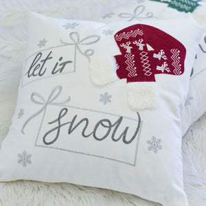 Let It Snow Christmas Throw Pillow 20x20 Cotton Cushion with Knit Hat