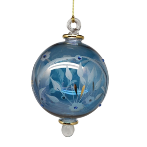 Etched Blown Glass Ball with Crystal Accents - Blue