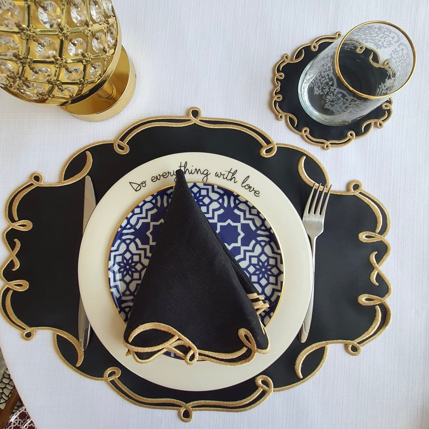 Celestia Black Oval Faux Leather Placemat, Napkin & Coaster Set